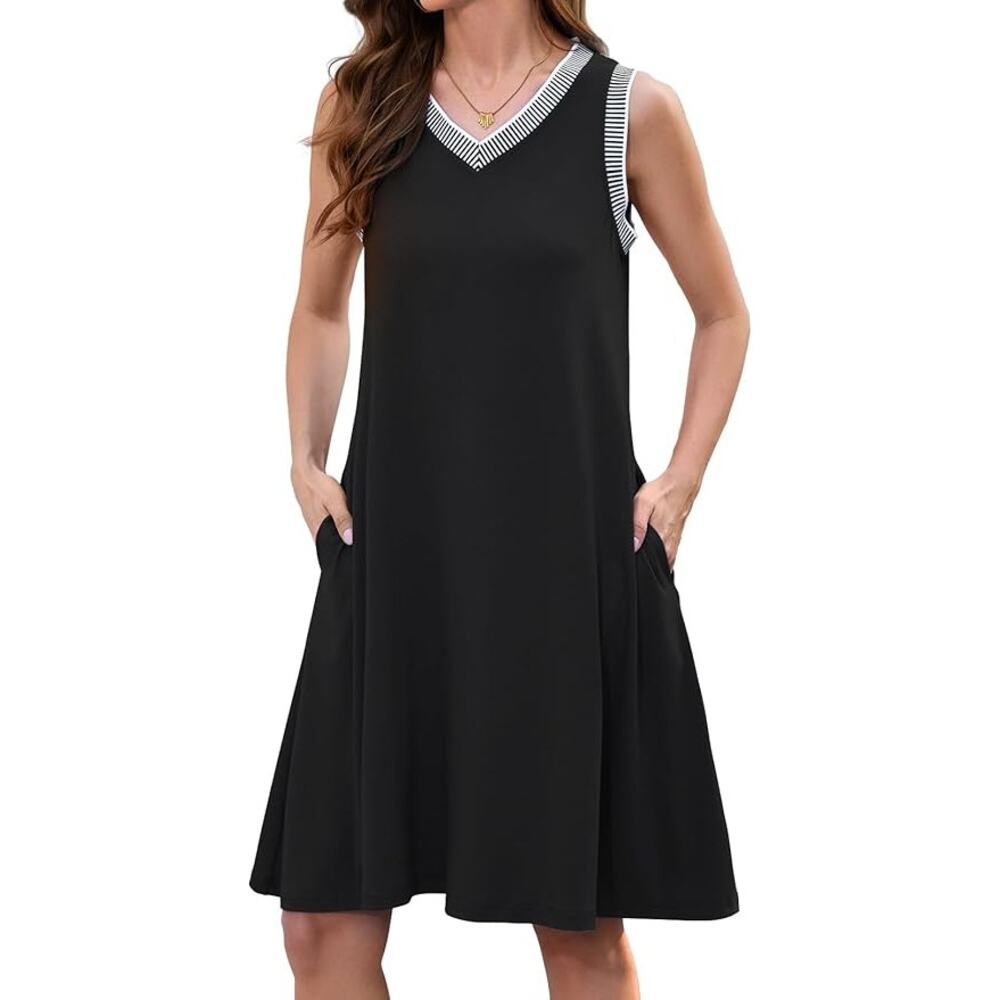 Womens Summer Casual Dress Sleeveless V Neck Black Pockets Beach Size S